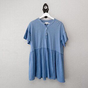Mud Pie S Blue Tunic Top Gauze Peplum Short Sleeve Boho Blouse